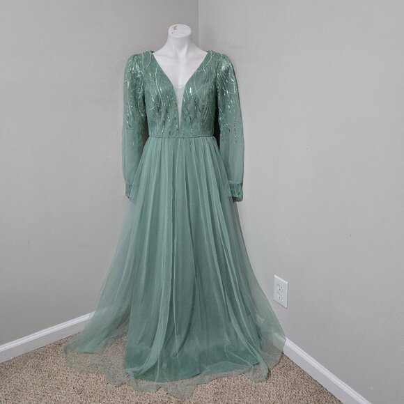 Sz 2XL (US 12) Ever Pretty Light Green Tulle Long-Sleeve Plunge Gown w Sequins - Picture 2 of 10